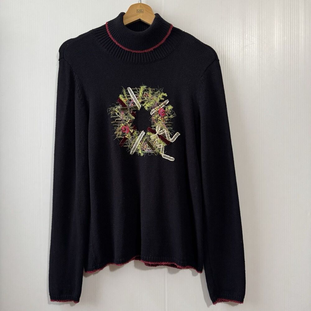 Vintage Talbots Christmas Holiday Sweater Embroidery Mock Neck Black MPetite